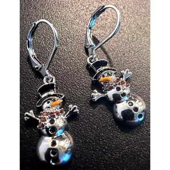 Snowman Dangle Earrings Silver Tone Leverback Closure - Picture 3 of 4